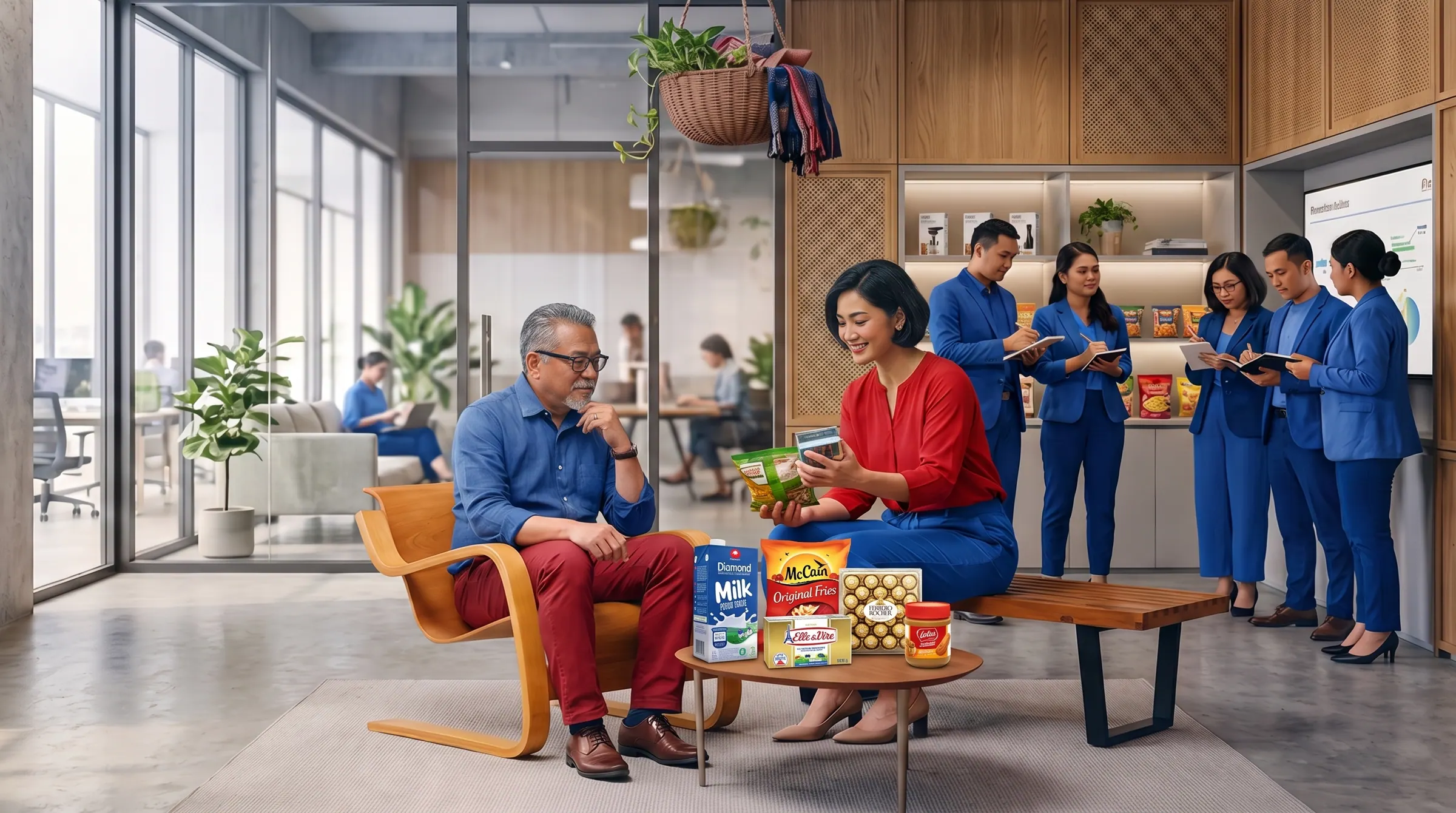 Sukanda Djaya team members talking with a partner over Diamond, McCain and Ferrero Rocher products.