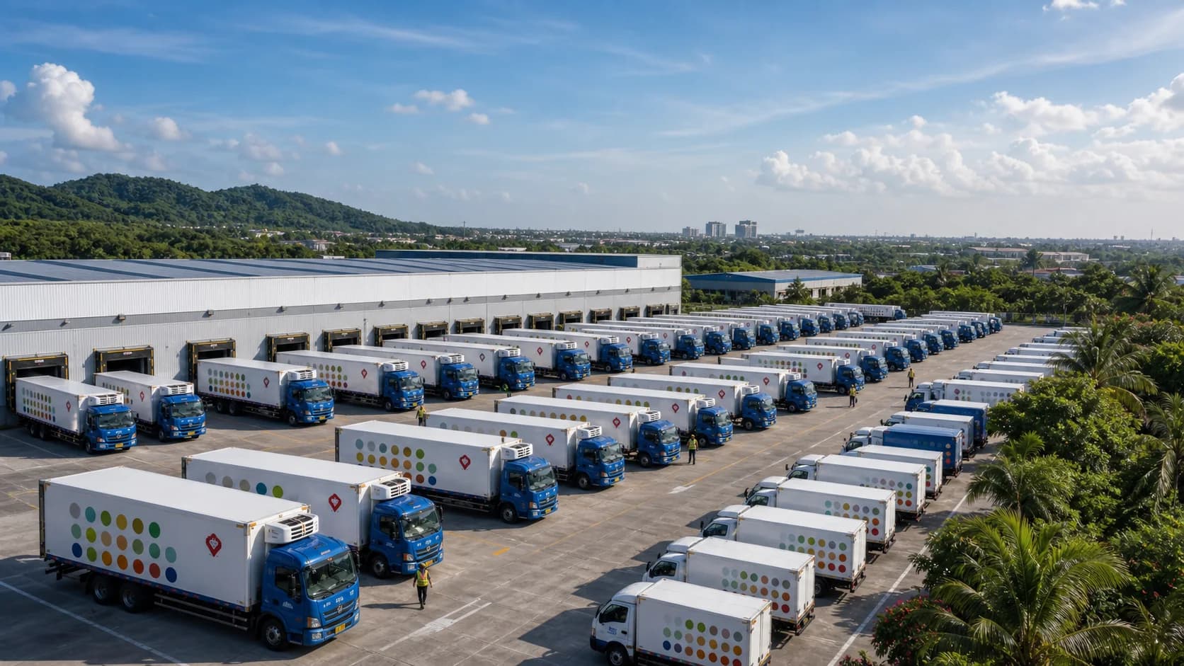 Sukanda Djaya's refrigerated fleet lined up at a distribution centre, loading for delivery