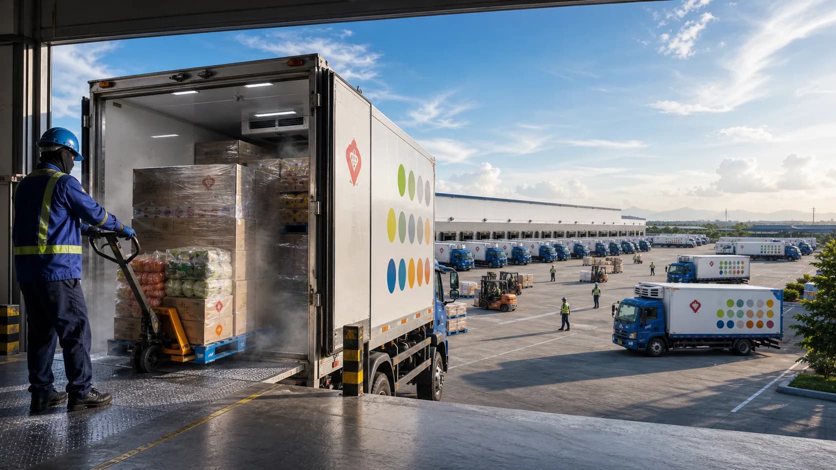 A worker wheeling a pallet of chilled goods into a refrigerated truck at a cold-storage loading bay