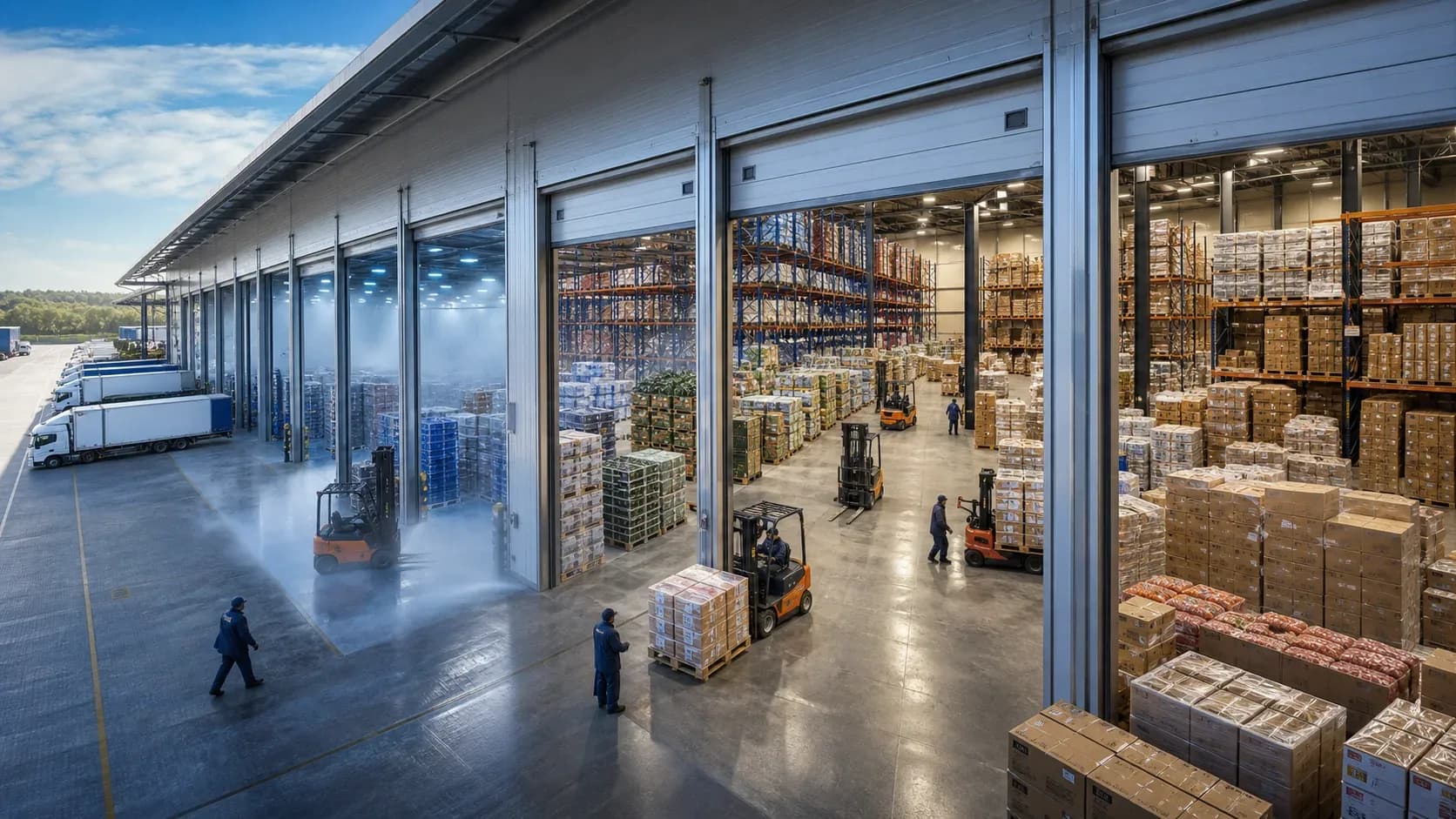 Warehouse staff in cold-weather hi-vis jackets checking stock inside a frozen storage hall
