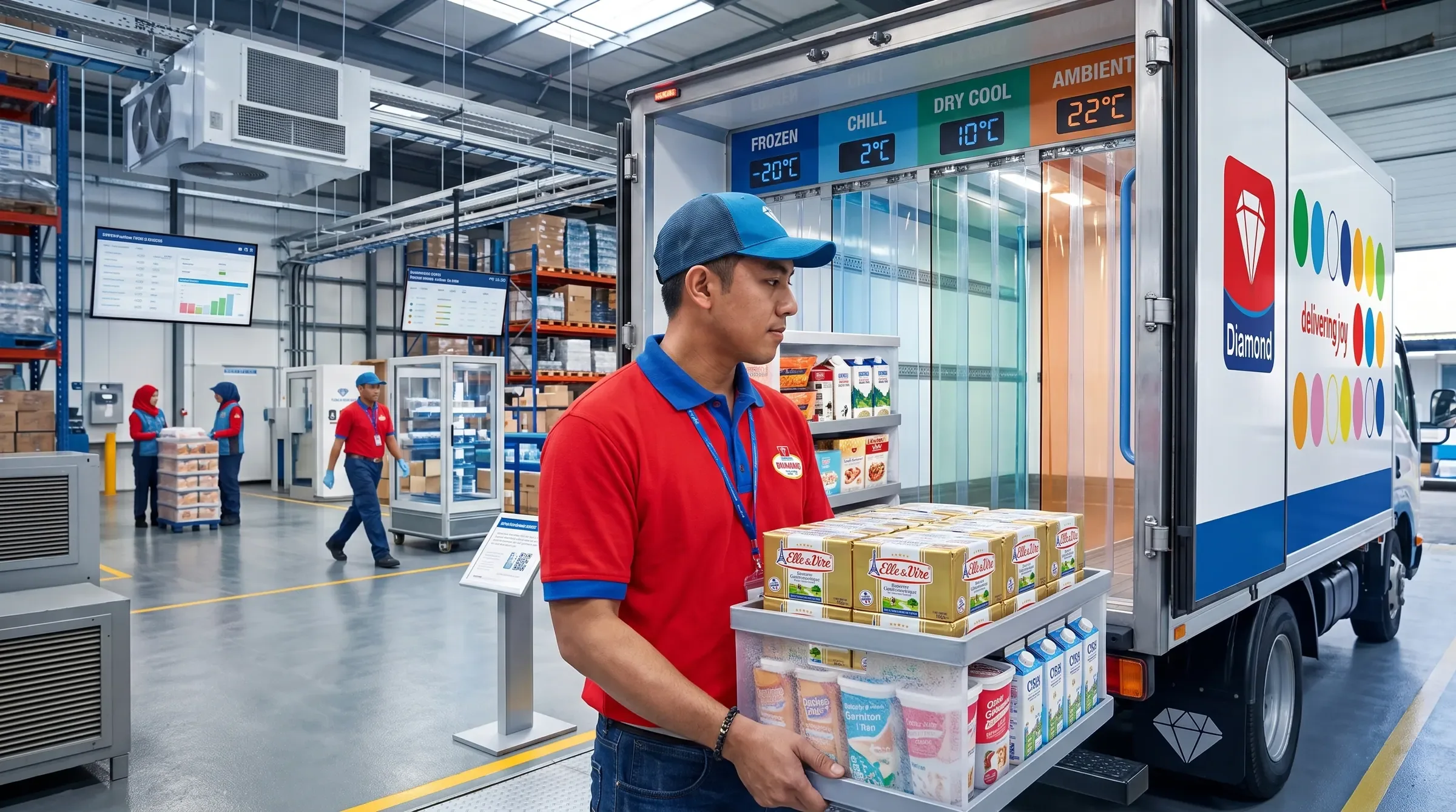 Gloved hands labelling crates of fresh produce with a delivery date at a supply depot