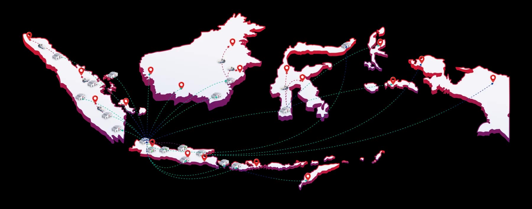 Map of Indonesia showing Sukanda Djaya's distribution routes fanning out from Java to every island
