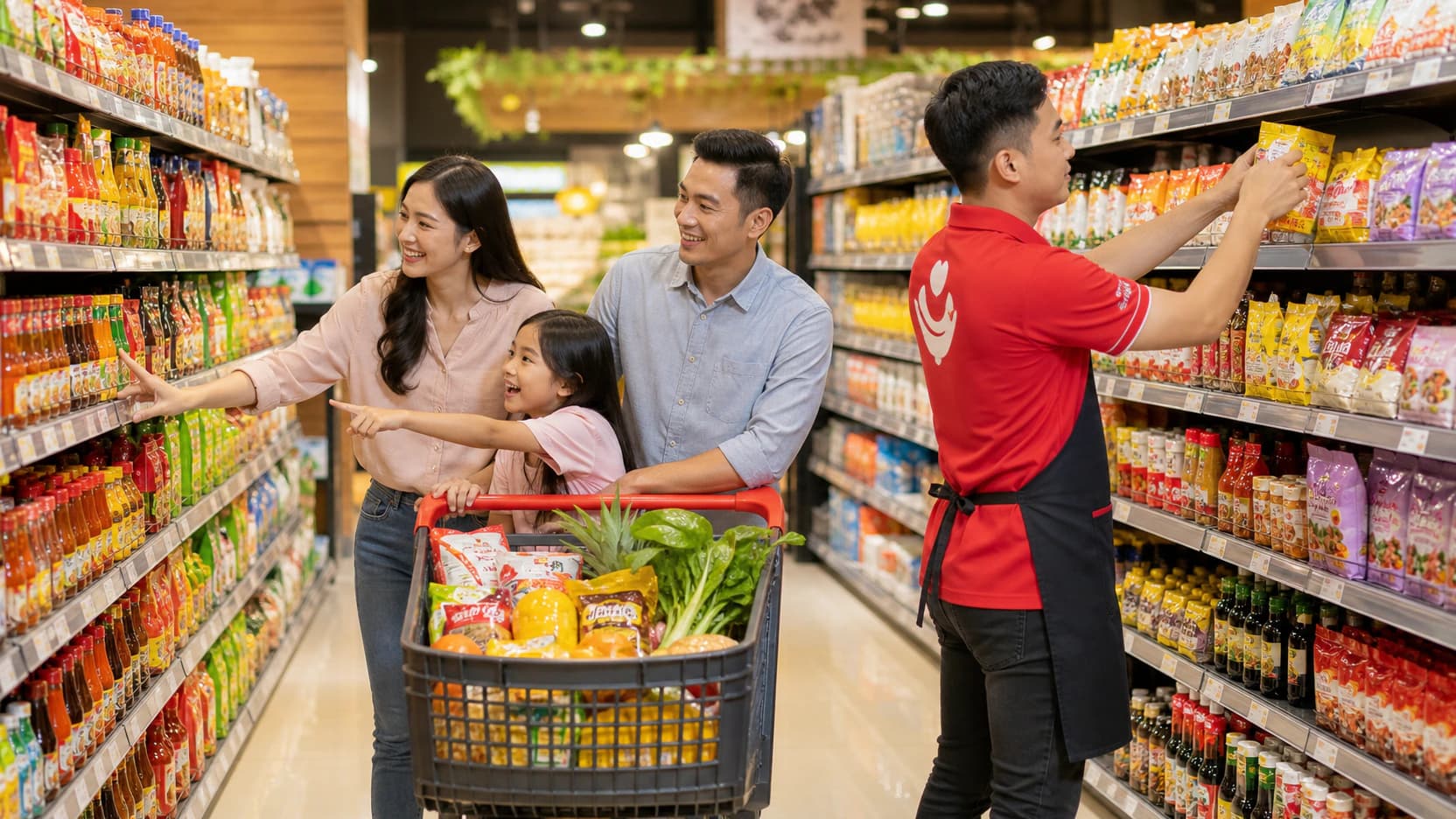 Happy shoppers with a cart choosing products from a fully-stocked supermarket shelf while a Sukanda employee restocks nearby
