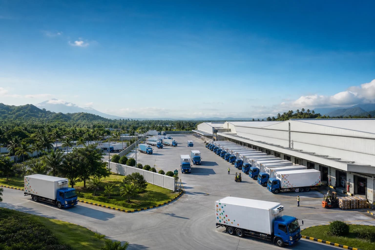 A large tropical cold-chain campus with refrigerated trucks moving between warehouse loading bays