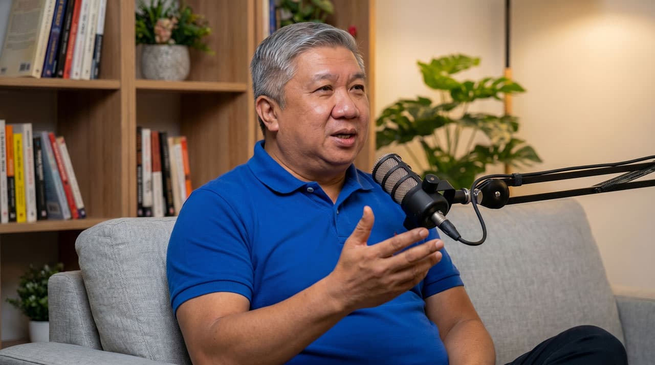 Pak Troy talking through his story at an interview microphone