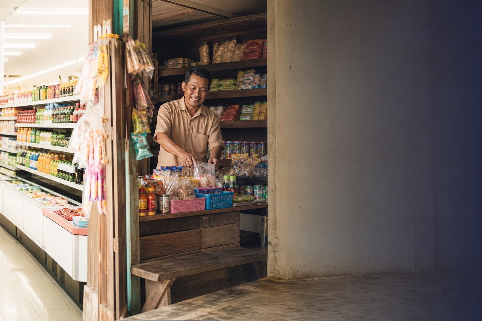 A shopkeeper smiling behind the counter of a traditional warung stocked with snacks, drinks and everyday goods