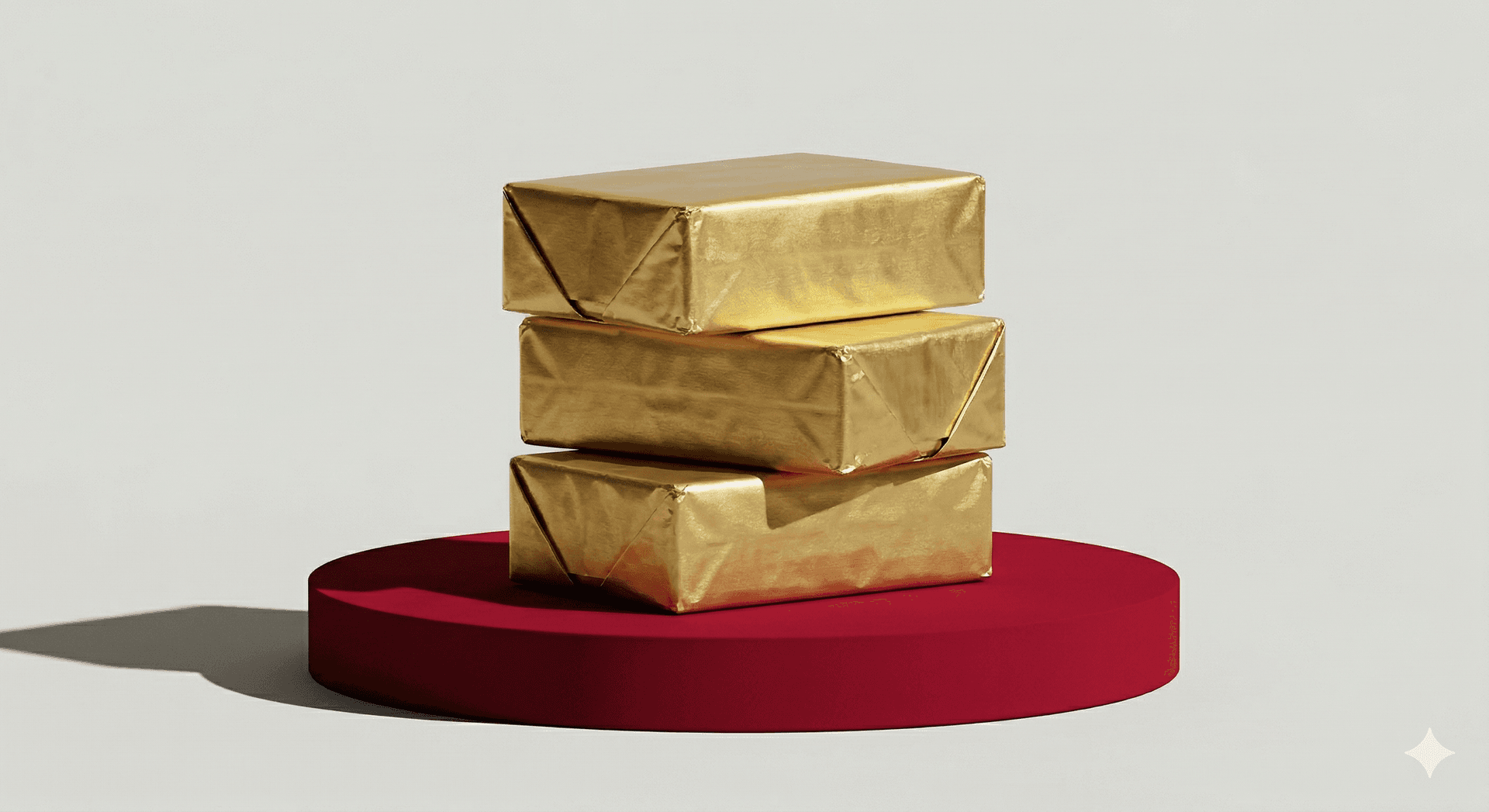Stack of gold-wrapped chocolate bars on a red podium