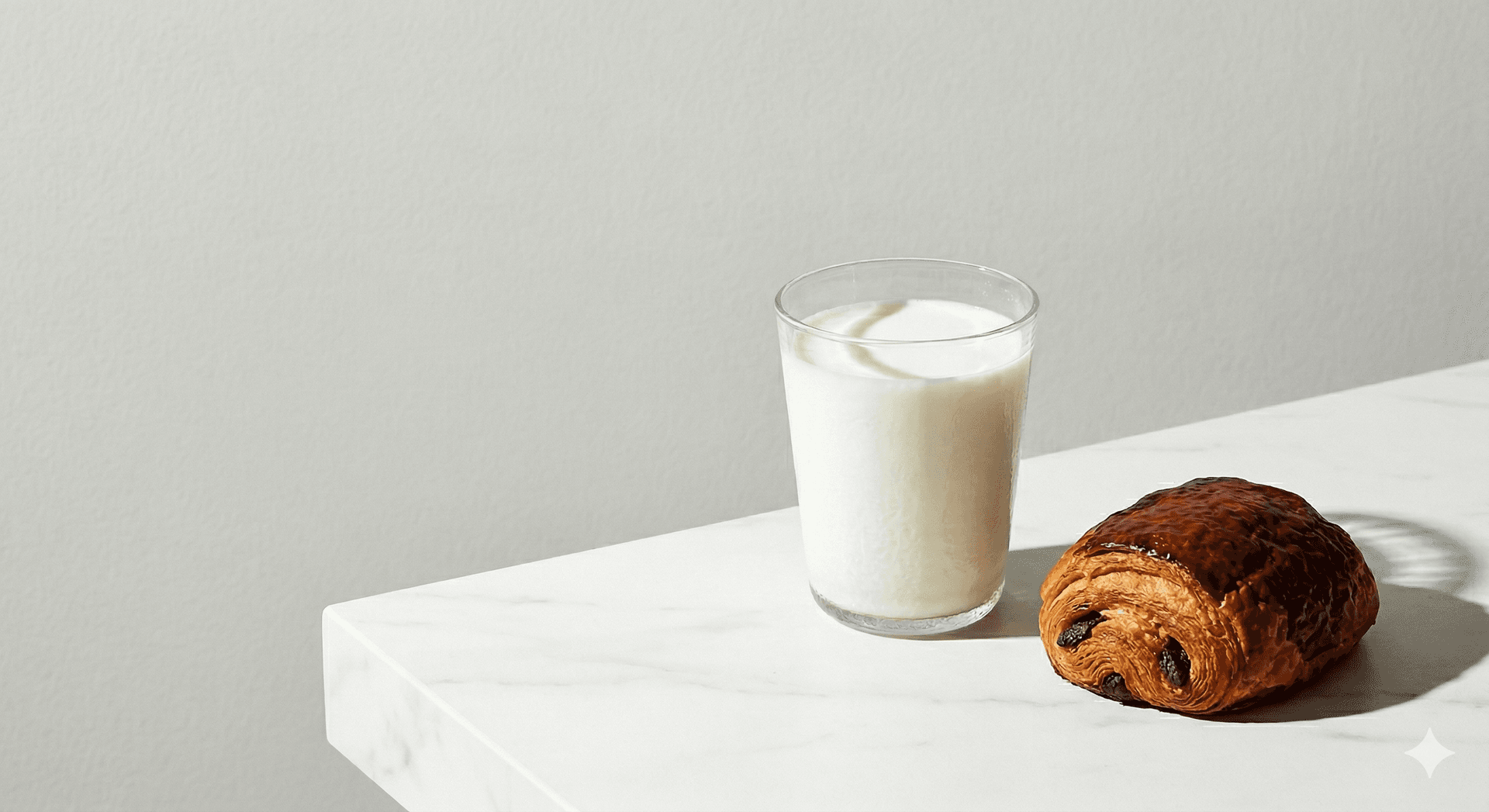 Glass of fresh milk and a chocolate croissant on a marble countertop