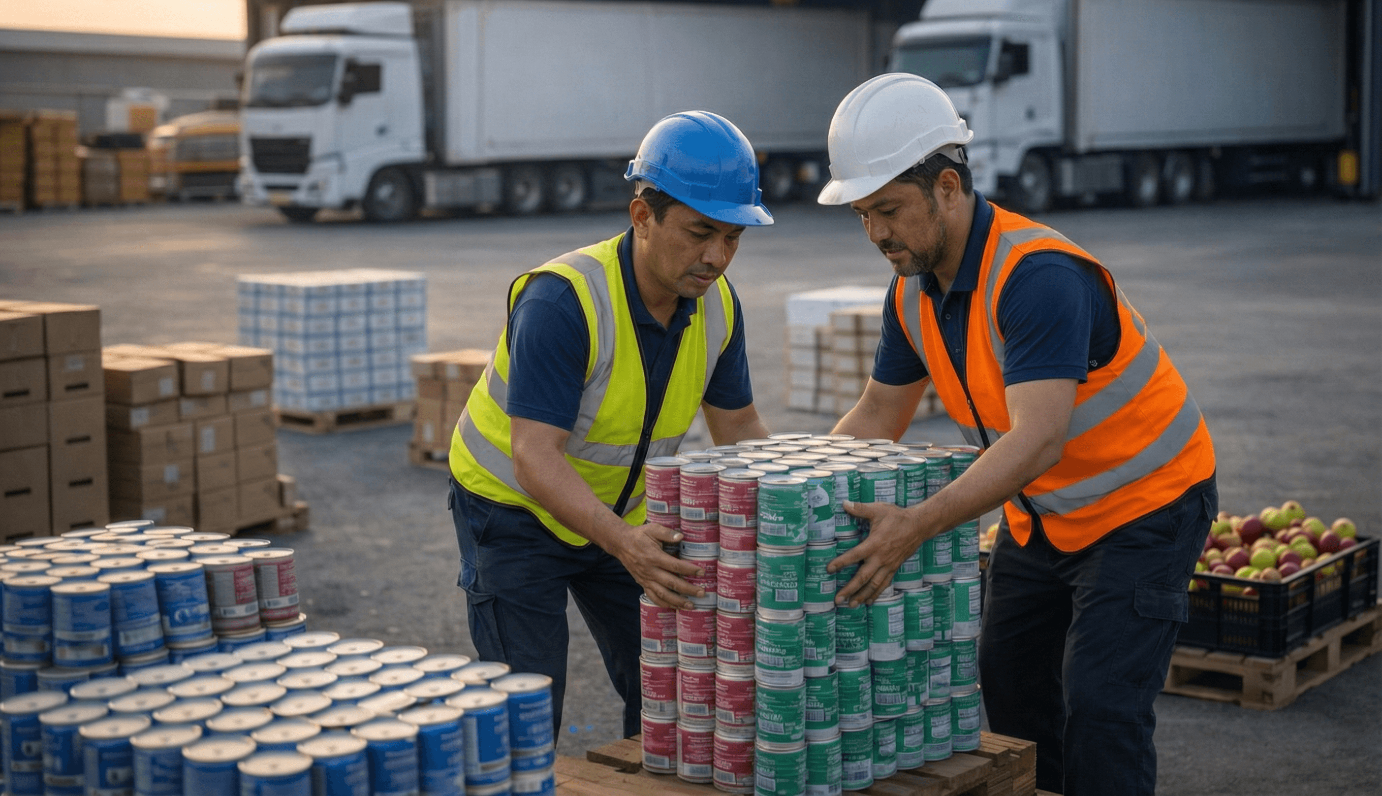 Sukanda Djaya warehouse staff inspecting palletized inventory