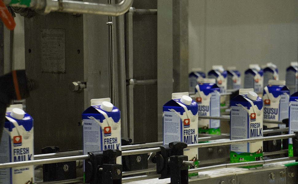 Diamond Fresh Milk cartons on the production line