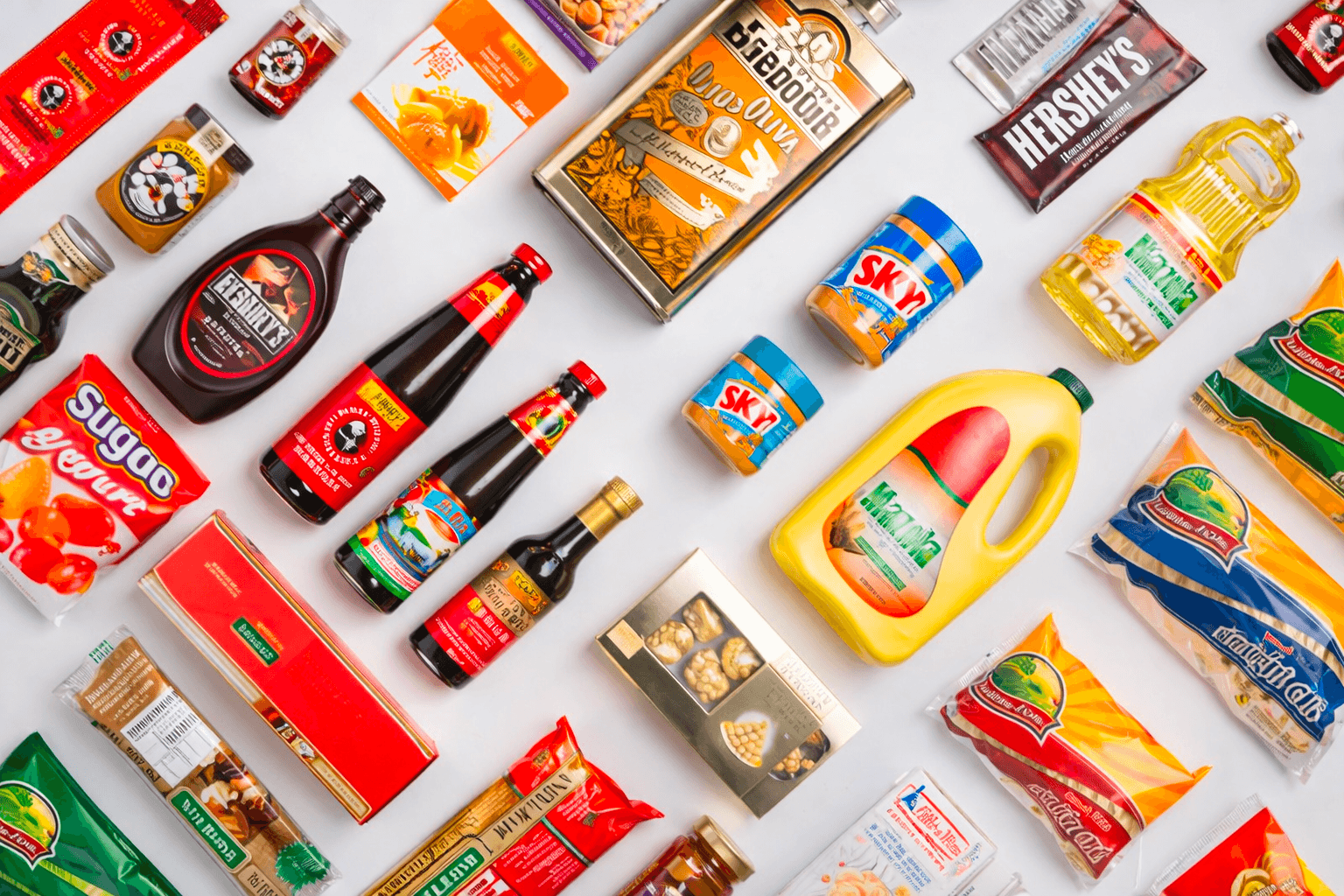 An overhead spread of imported grocery products