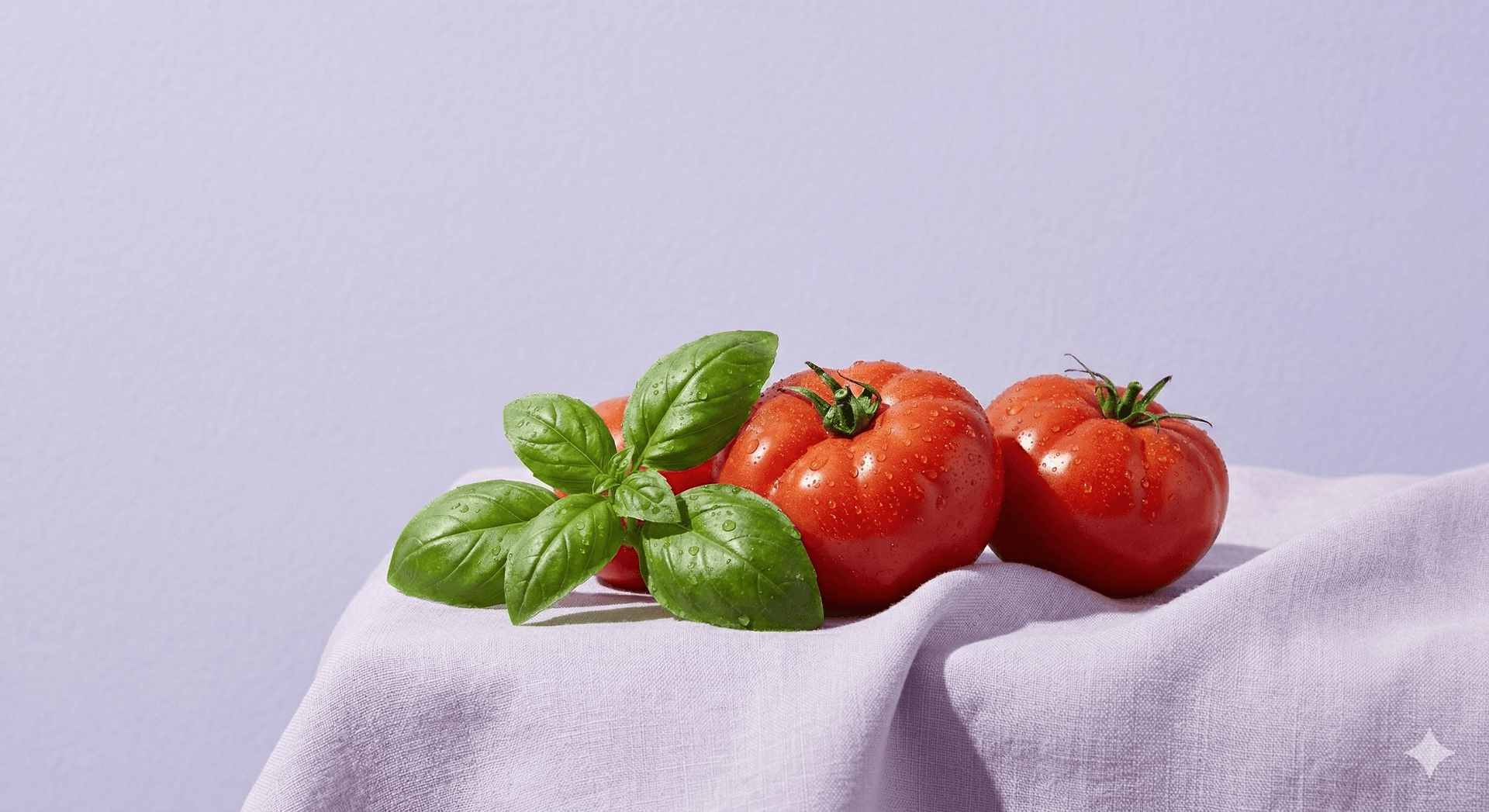 Vine-ripened tomatoes and fresh basil on a linen cloth
